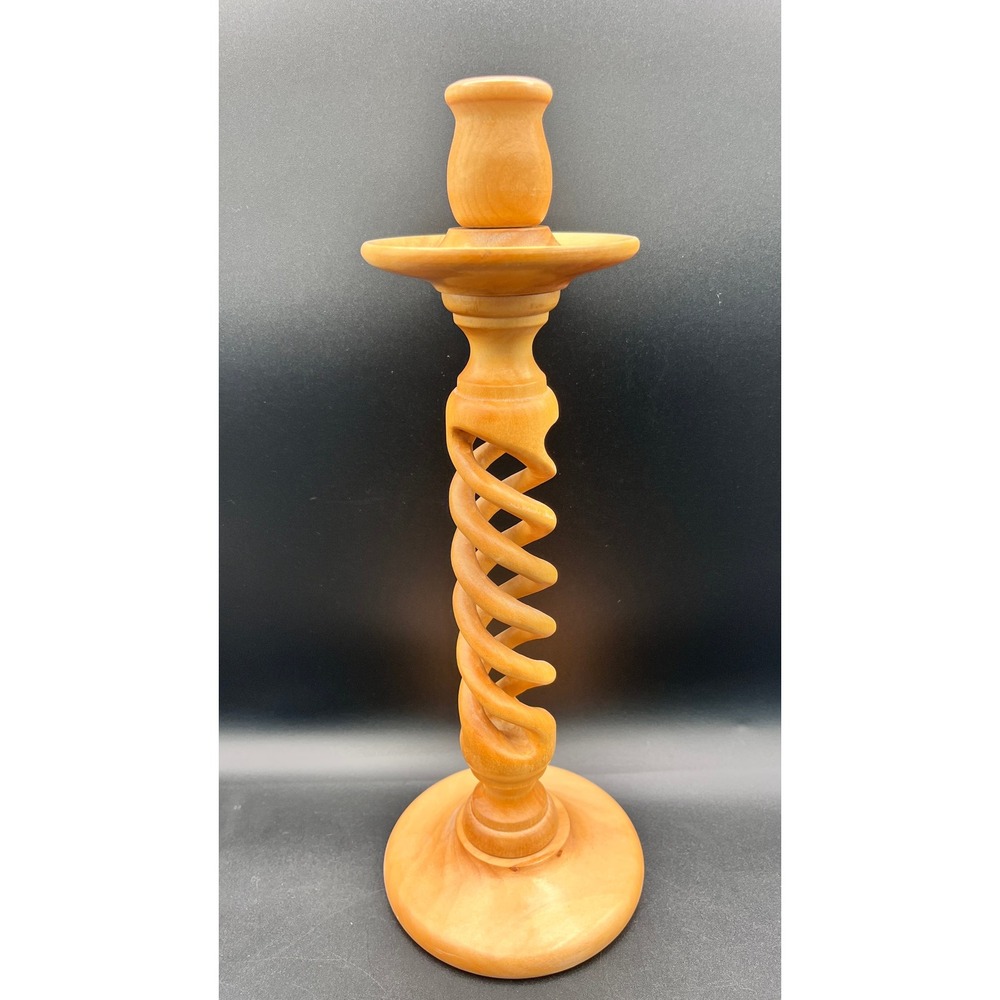 Vtg Hand‎ Turned Wood Barley Twist Candlestick Holder Open Spiral Signed 13"